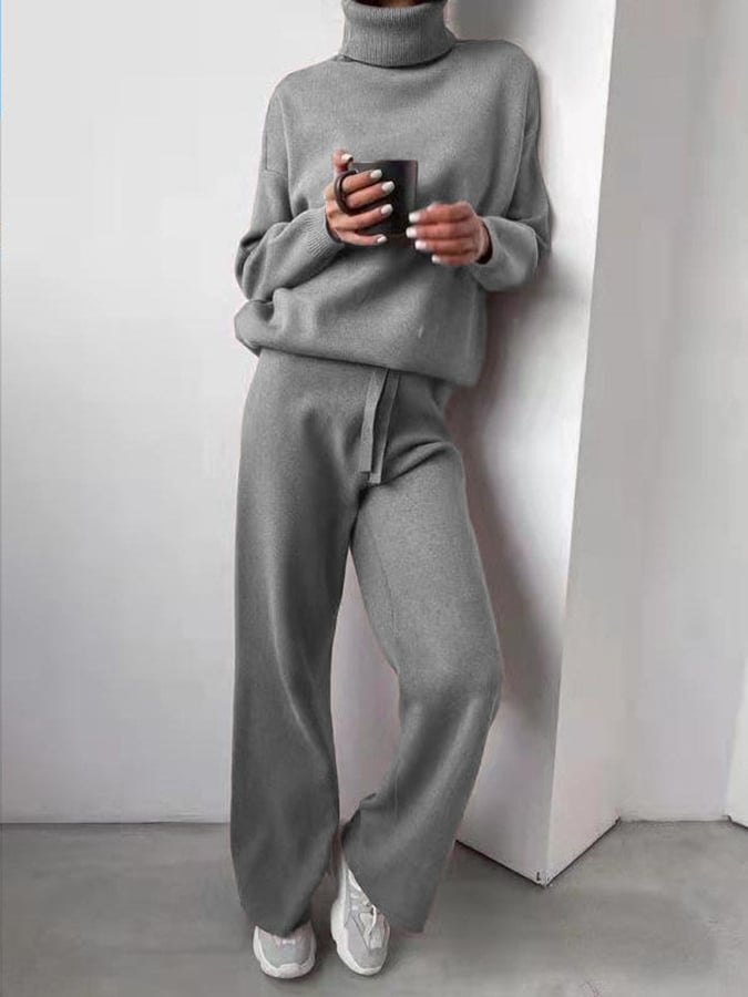 Women's Fashion Loose High Neck Sweater Wide Leg Pants Casual Set