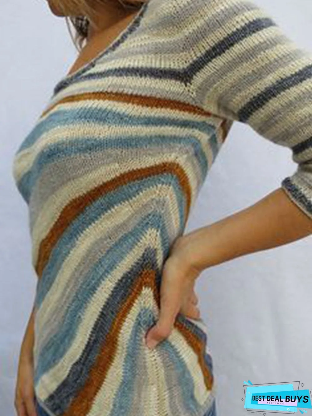 Color-Block Knitted Stripes 3/4 Sleeve Sweater
