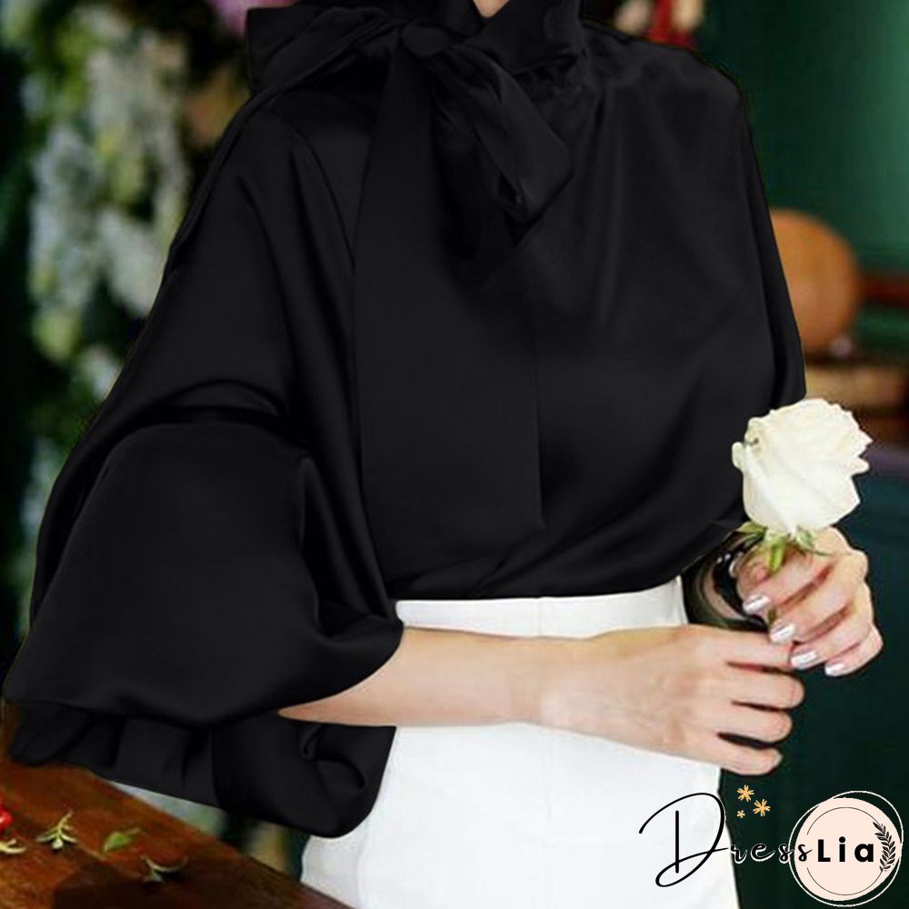 Fashion Elegant Women Blouse Casual High Collar Lantern Sleeve Blusas Bow Tops OL Office Lady Shirt Plus Size