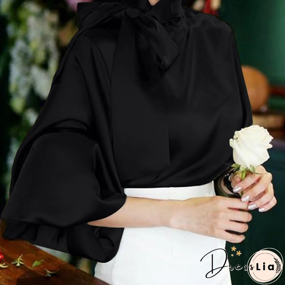 Fashion Elegant Women Blouse Casual High Collar Lantern Sleeve Blusas Bow Tops OL Office Lady Shirt Plus Size
