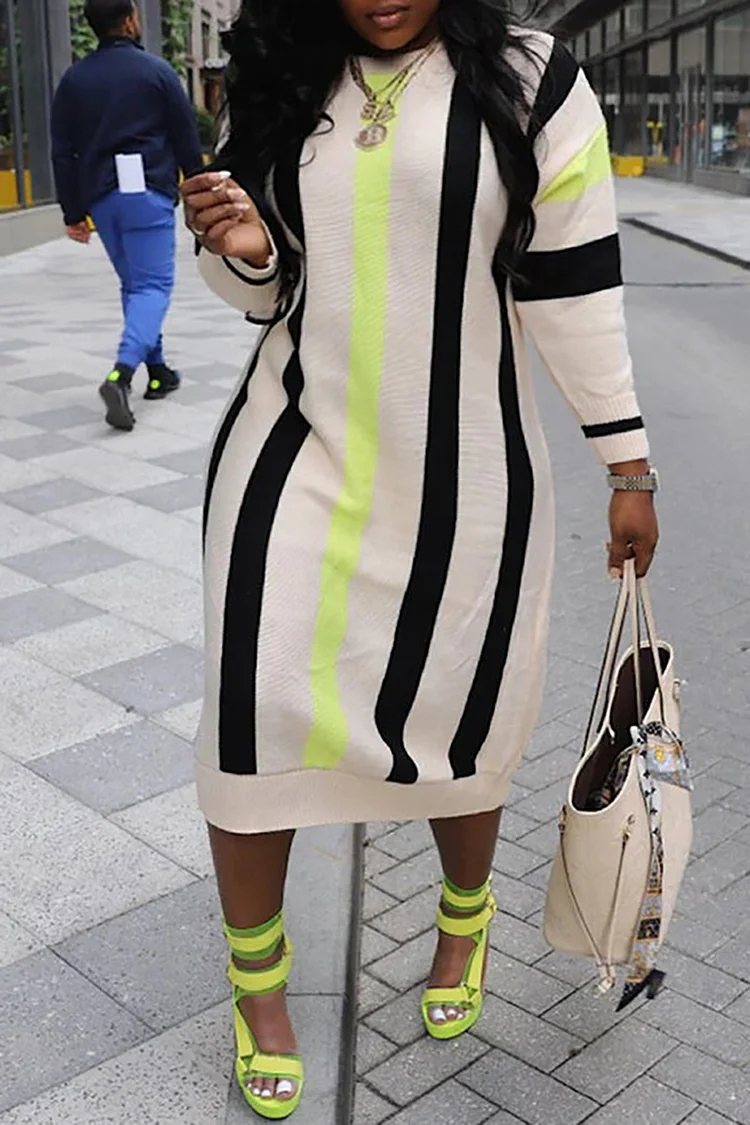 Plus Size Casual Dress Apricot Stripe Colorblock Knitted Midi Dress