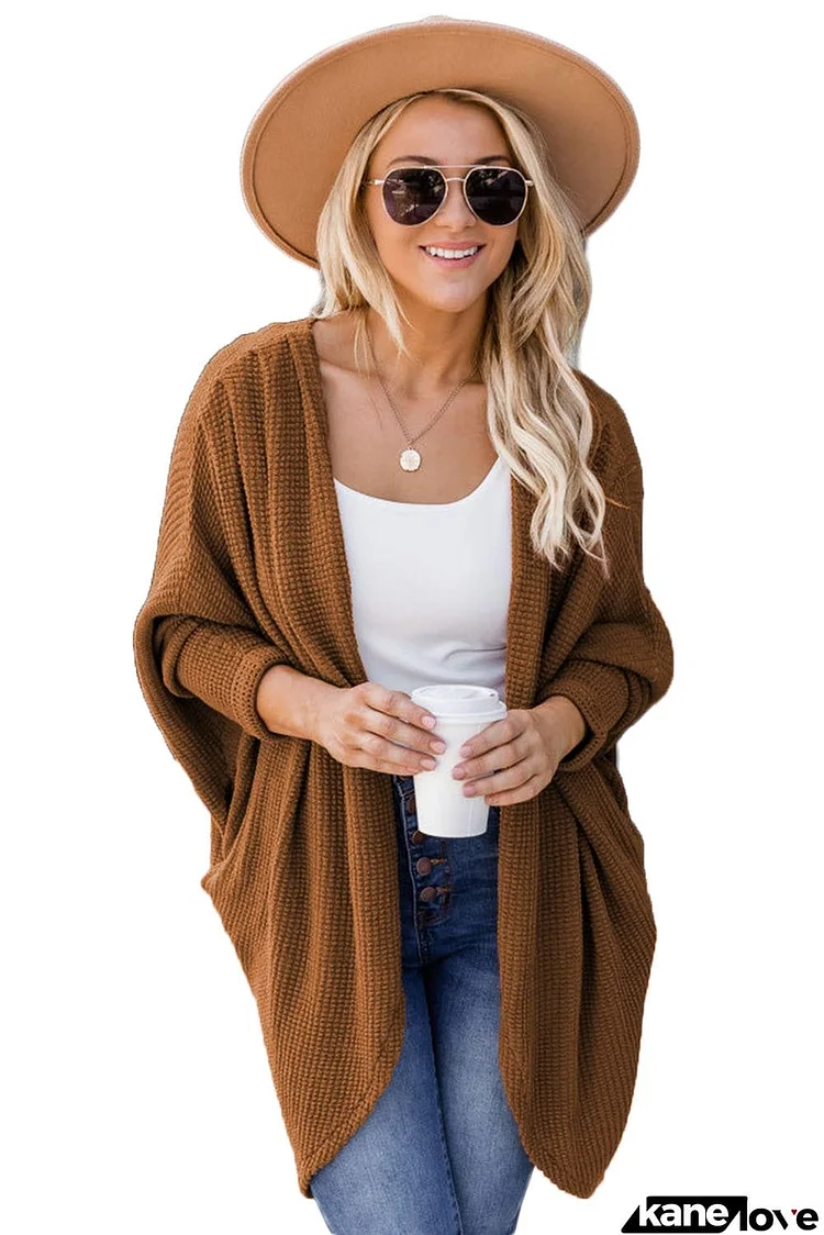 Waffle Knit Open Front Rounded Hem Cardigan