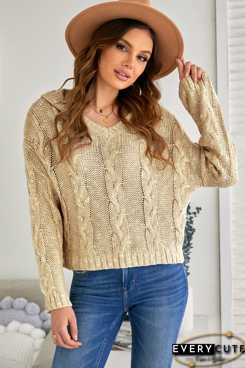 Yellow Drop Shoulder Loose Sweater with Hooded