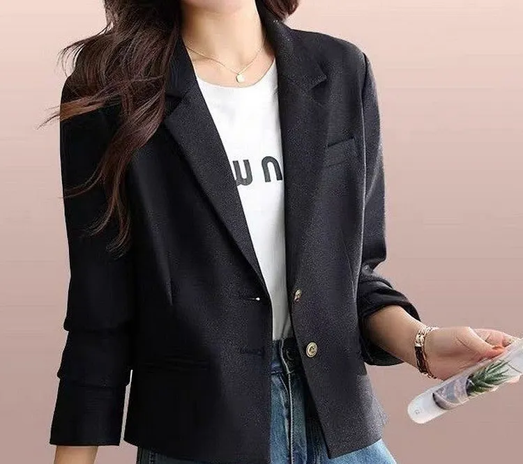 Cropped Blazer with Notched Lapel and Slim Fit for Spring Summer