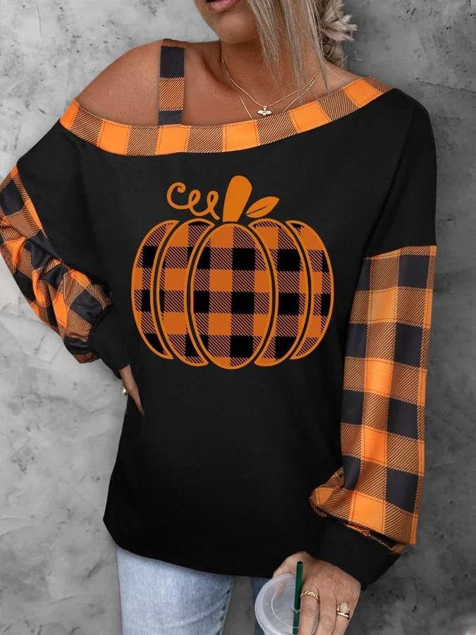 Women's Plaid Pumpkin Asymmetrical One Shoulder Shift Casual Long Sleeve Top