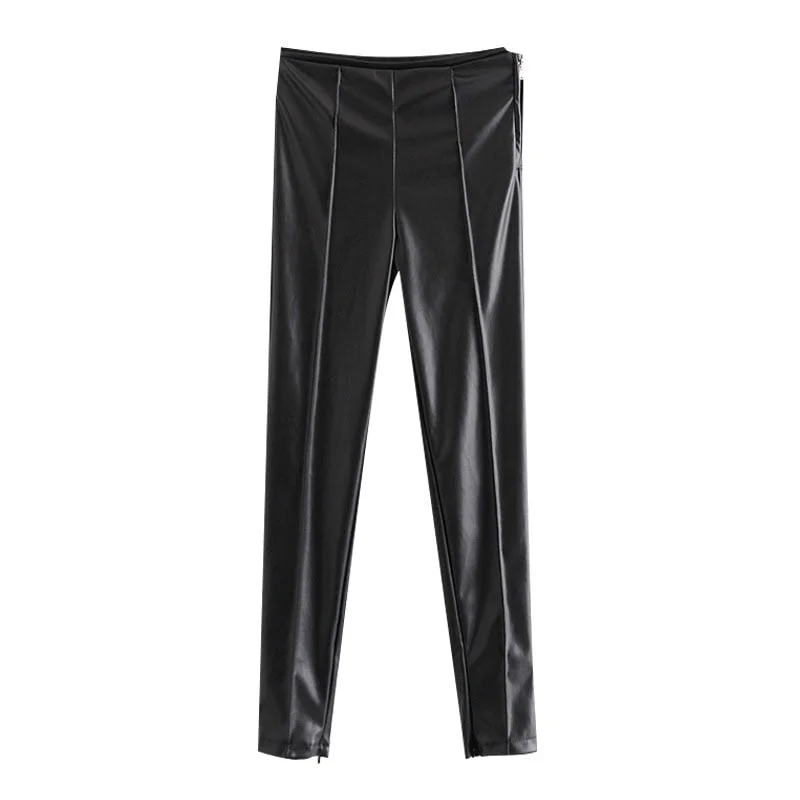 TRAF Women Fashion Faux Leather Skinny Pants Vintage High Waist Side Zipper Female Ankle Trousers Mujer