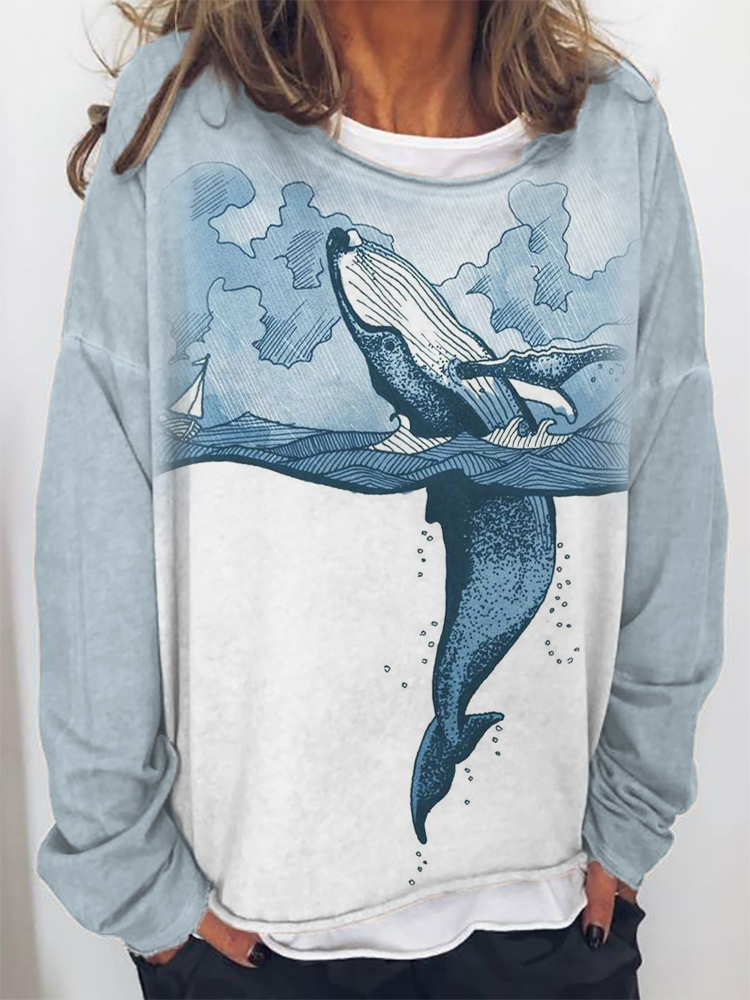 Whale Breach Contrast Color Art Oversize Sweatshirt  artssus