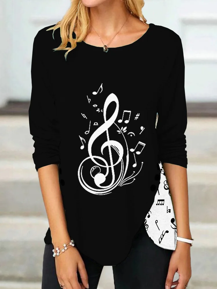 Music Notes Print Button Slit T Shirt