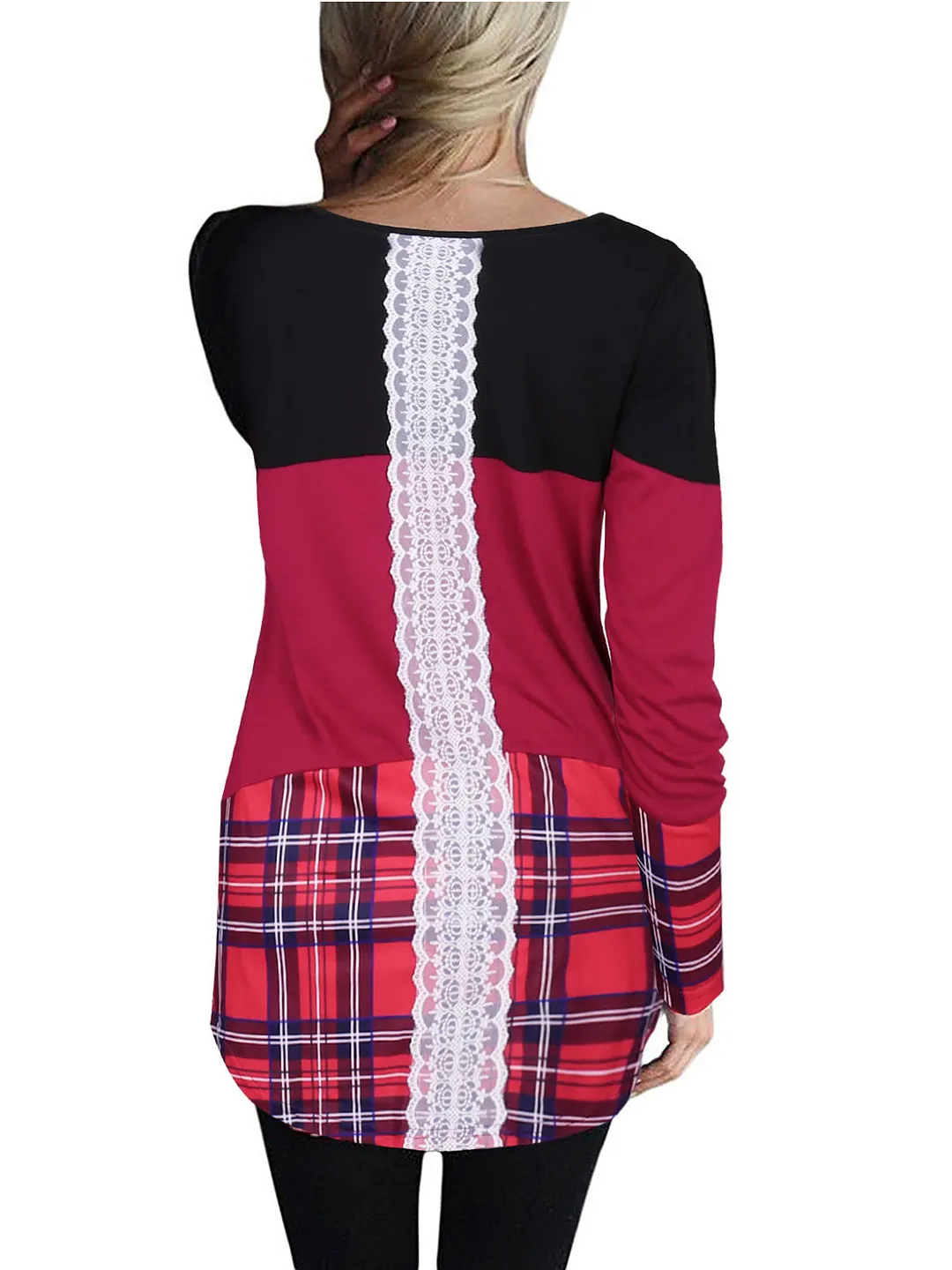Women's Scoop Neck Long Sleeve Plaid Tops