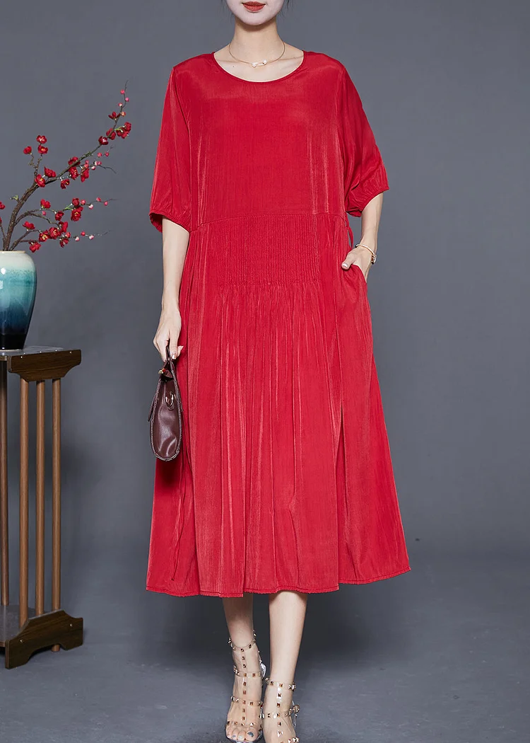 French Red Wrinkled Tie Waist Linen Long Dresses Summer