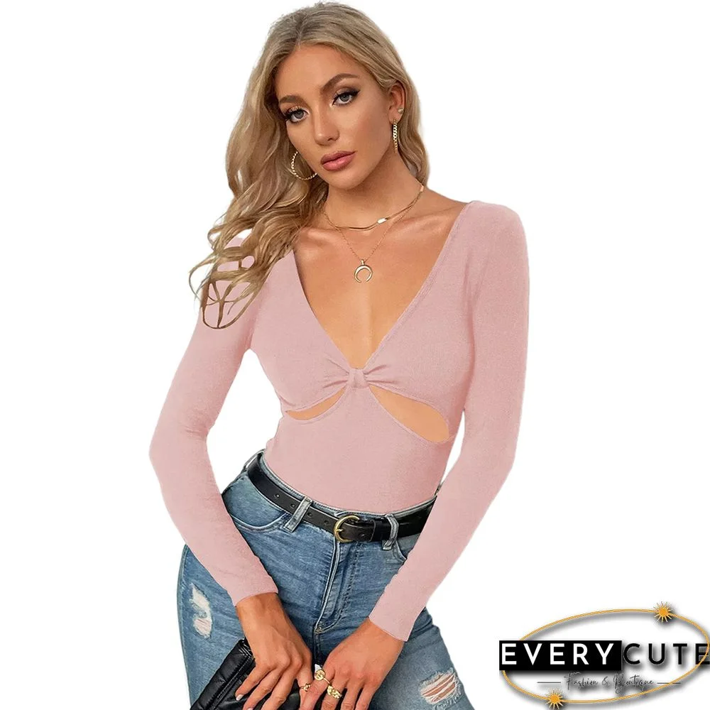 Pink Hollow Out Knit Long Sleeve Tops