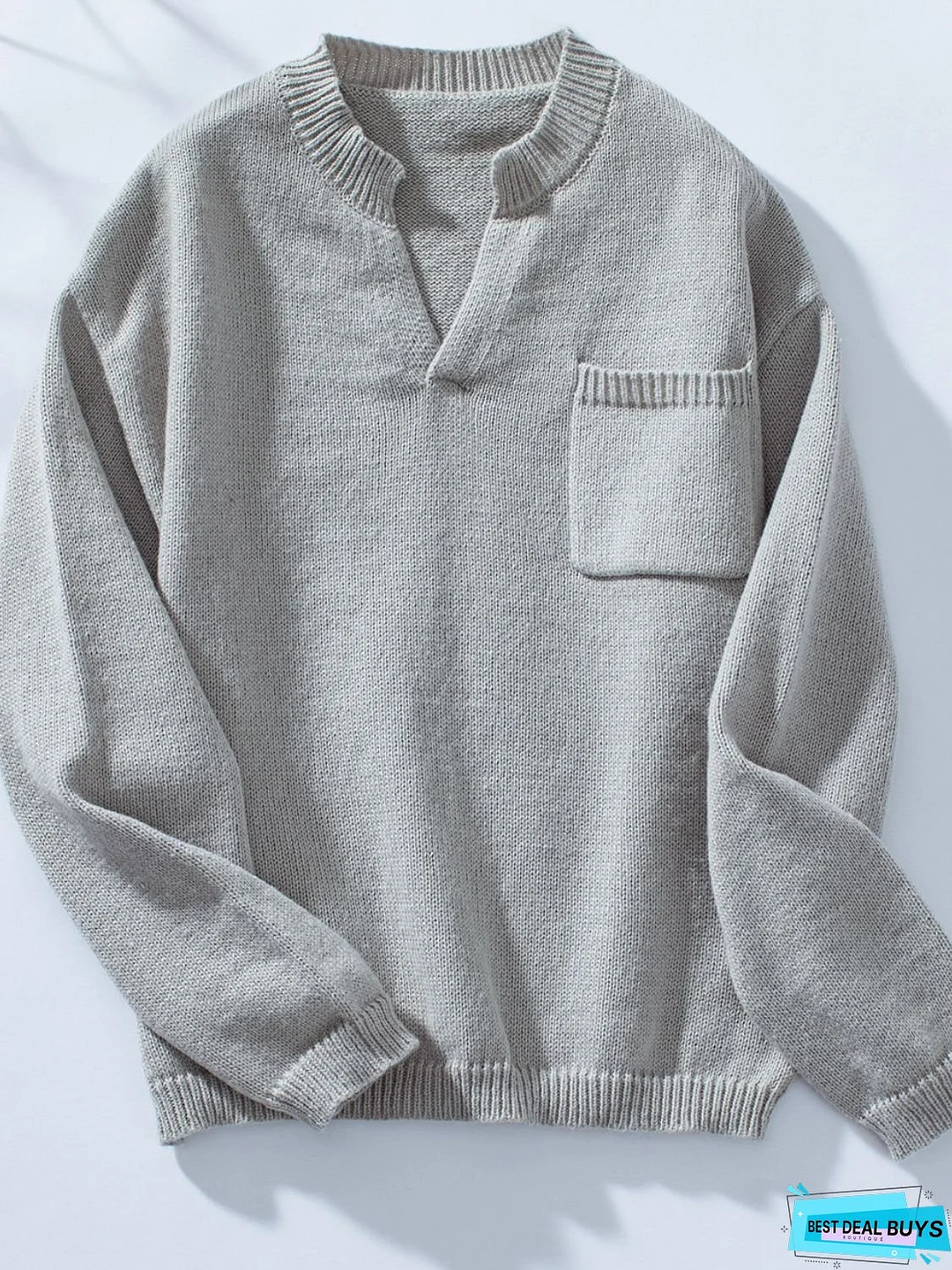 Pocketed Notched Long Sleeve Knit Top