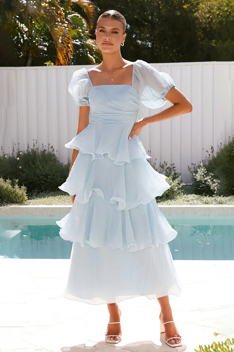 Puff Sleeve Square Neck Ruffled Tiered Hem A-Line Midi Dresses-Blue