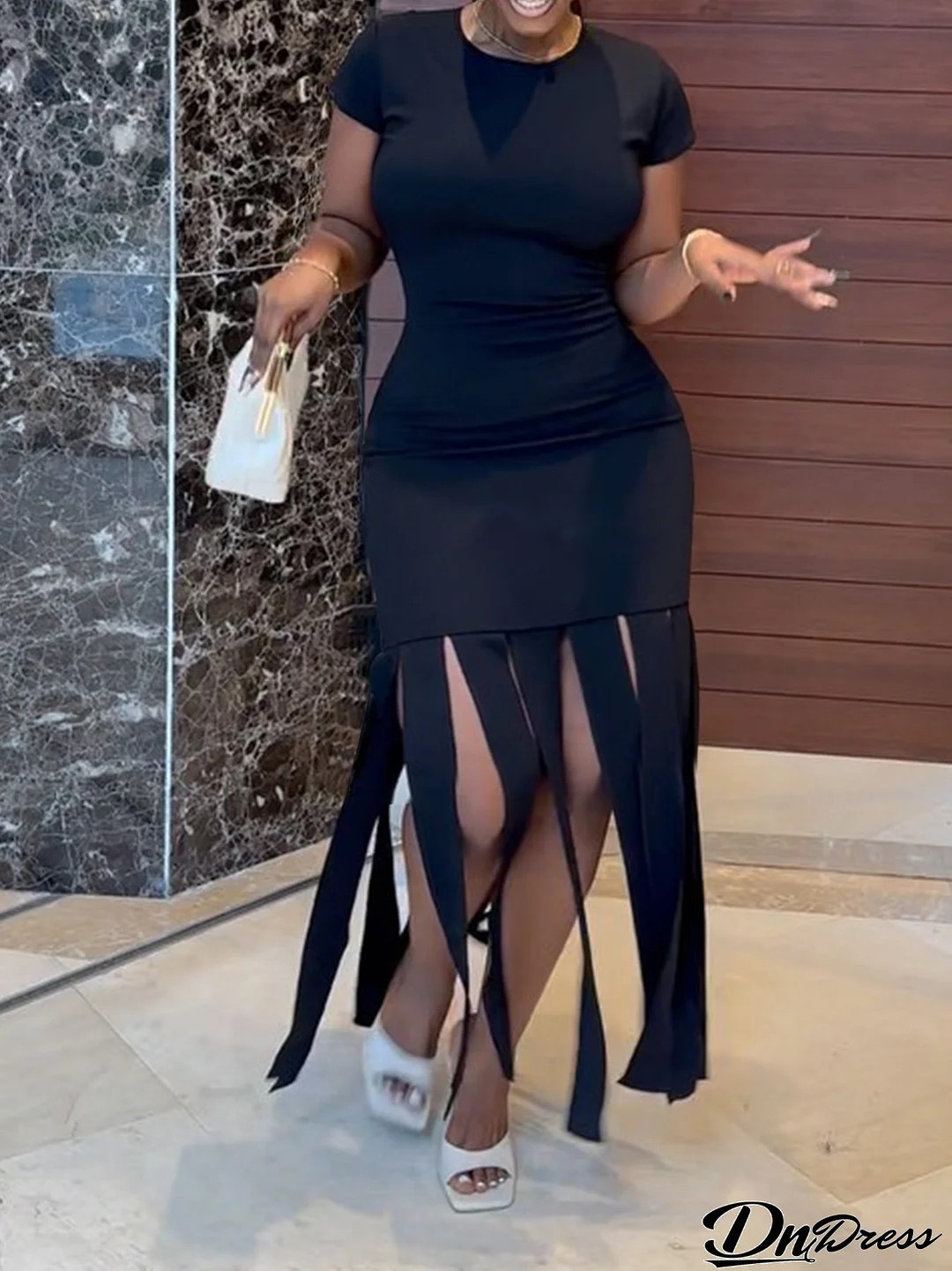 Plus Size Women Solid Tassel Basic Dress