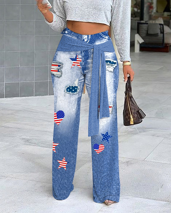 Denim Print Strap-tied Slim-fit Casual Pants