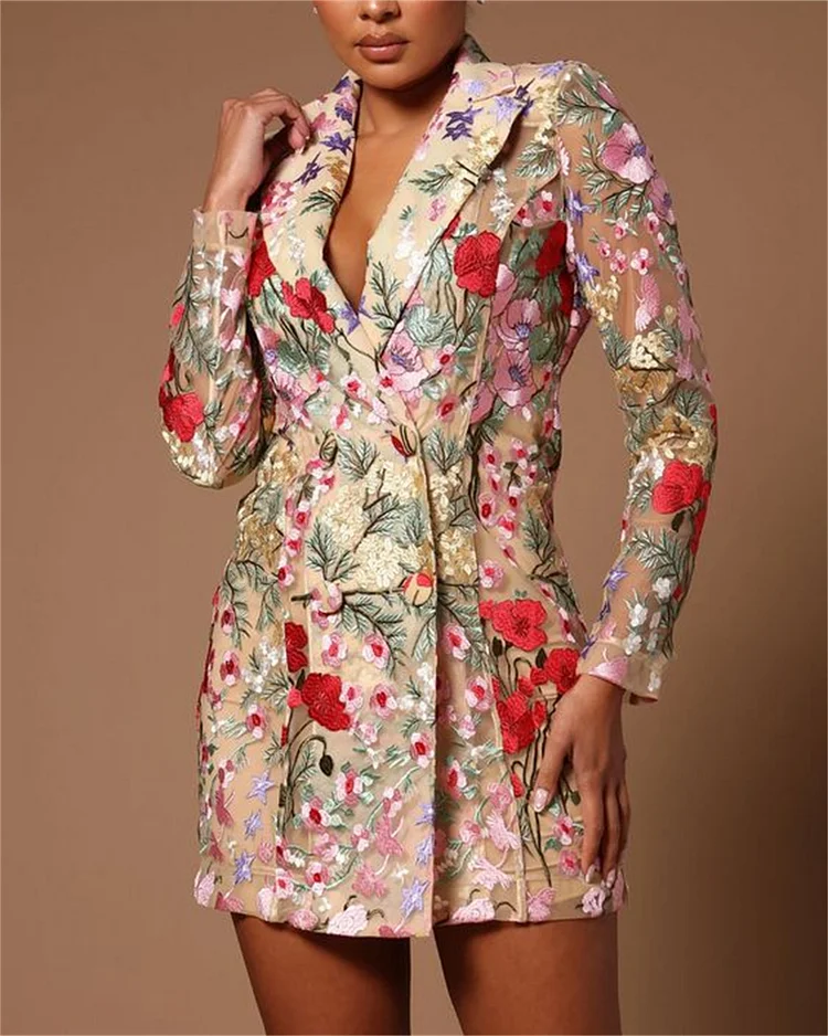Women' Lapel Floral Embroidered Mini Dress