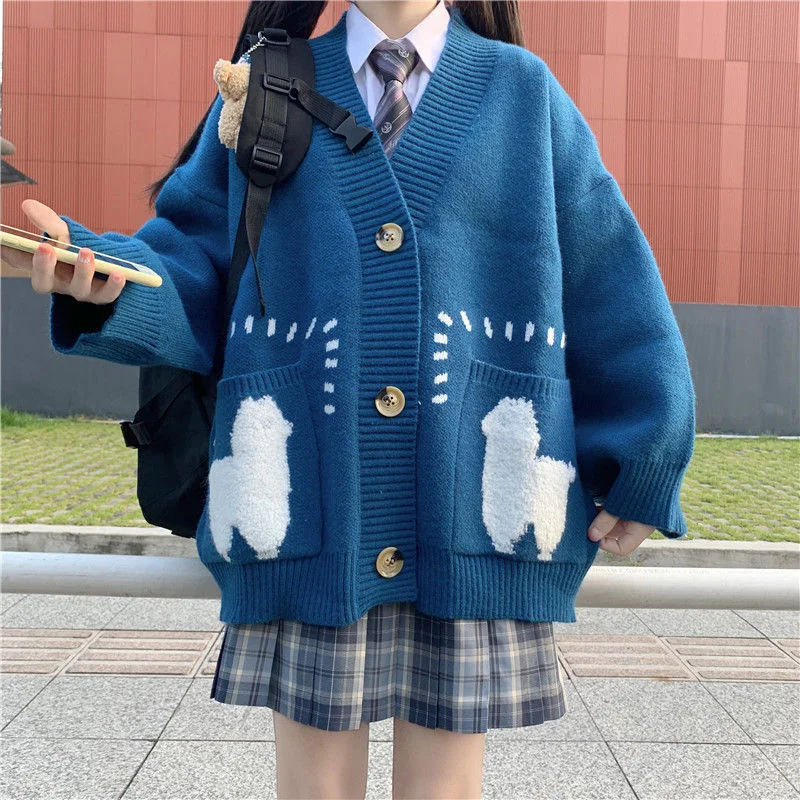 Y2k Oversized Cardigan Knitted Sweater Women Autumn Clothes Korean Style V Neck Casual Sweter Sweet Cartoon Tops Girl Outerwear