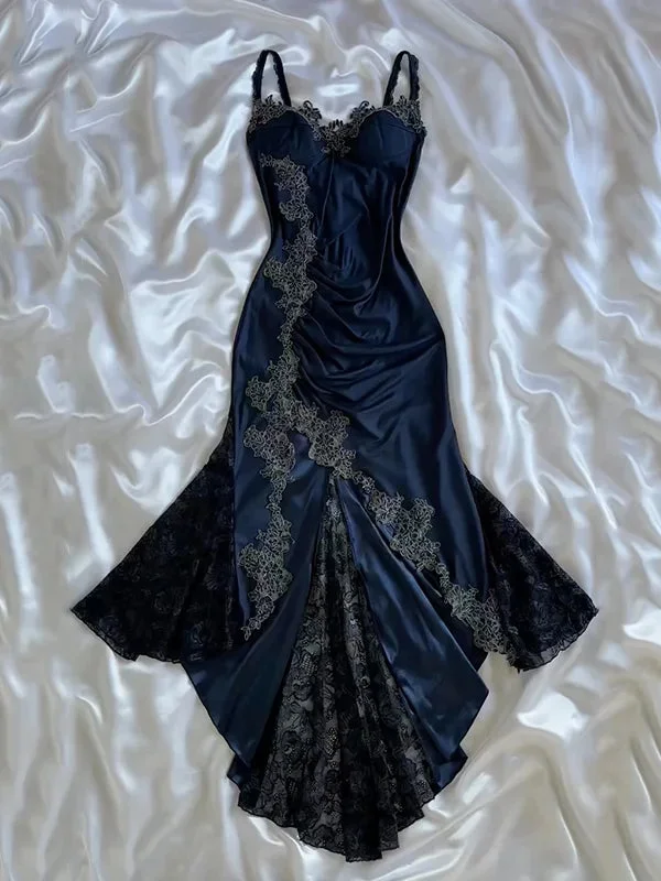 Blue gorgeous exquisite applique lace spaetti straps long satin prom dress evening dress party dress