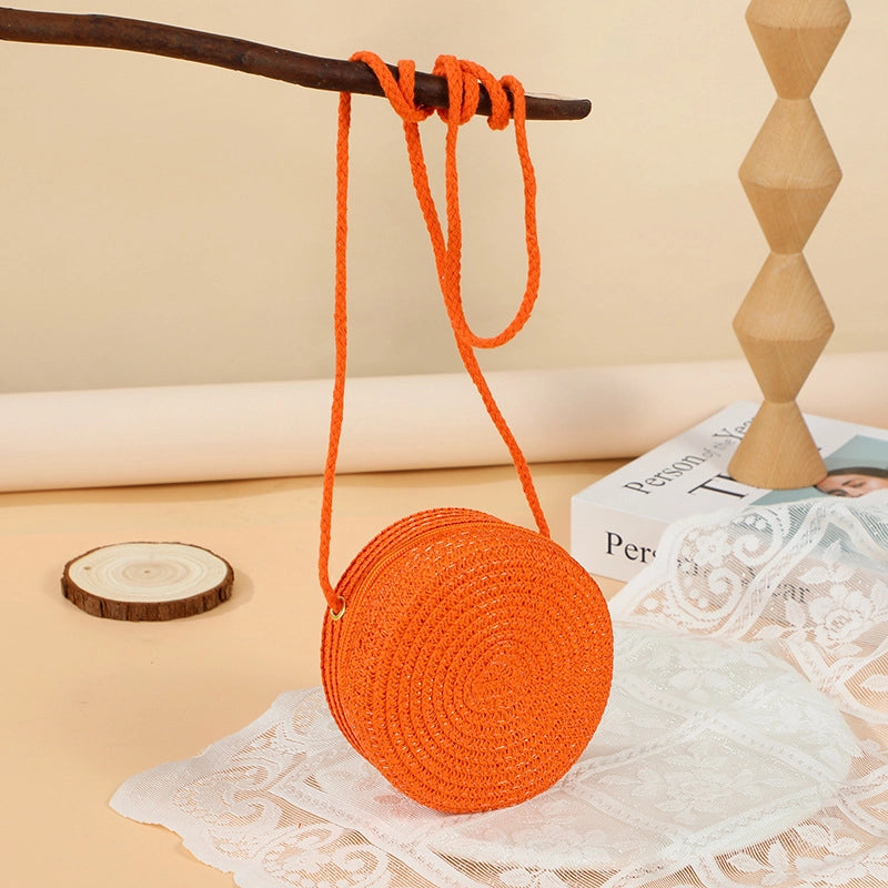 Girl’S Straw Solid Color Cute Round Zipper Shoulder Bag