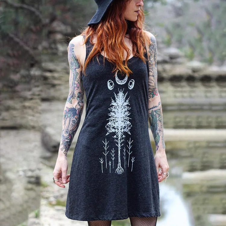 Moon Forest Print Suspender Dress