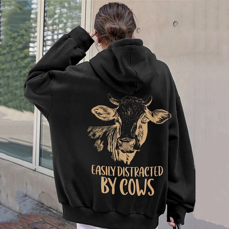 Funny Highland Cow Easily Distracted By Cows Pattern Print Cozy Hoodie