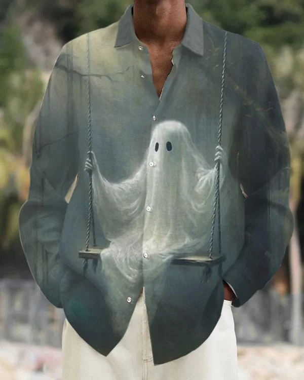 Men's Casual Ghost Art Print Long Sleeve Shirt