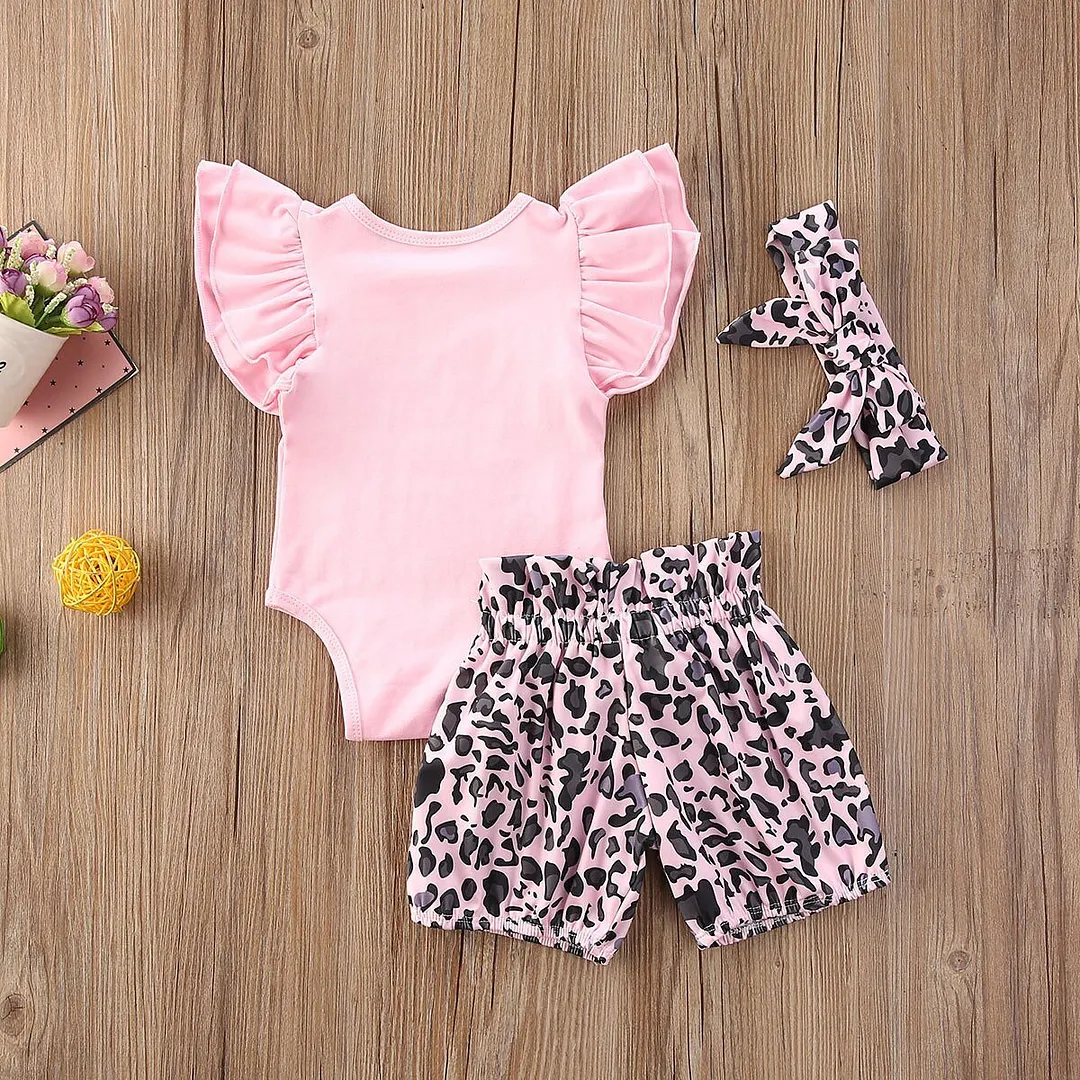Kid Toddler Baby Girls Flying Sleeve Letter Print Romper+Leopard Shorts+Bowknot Headband 3-piece Set