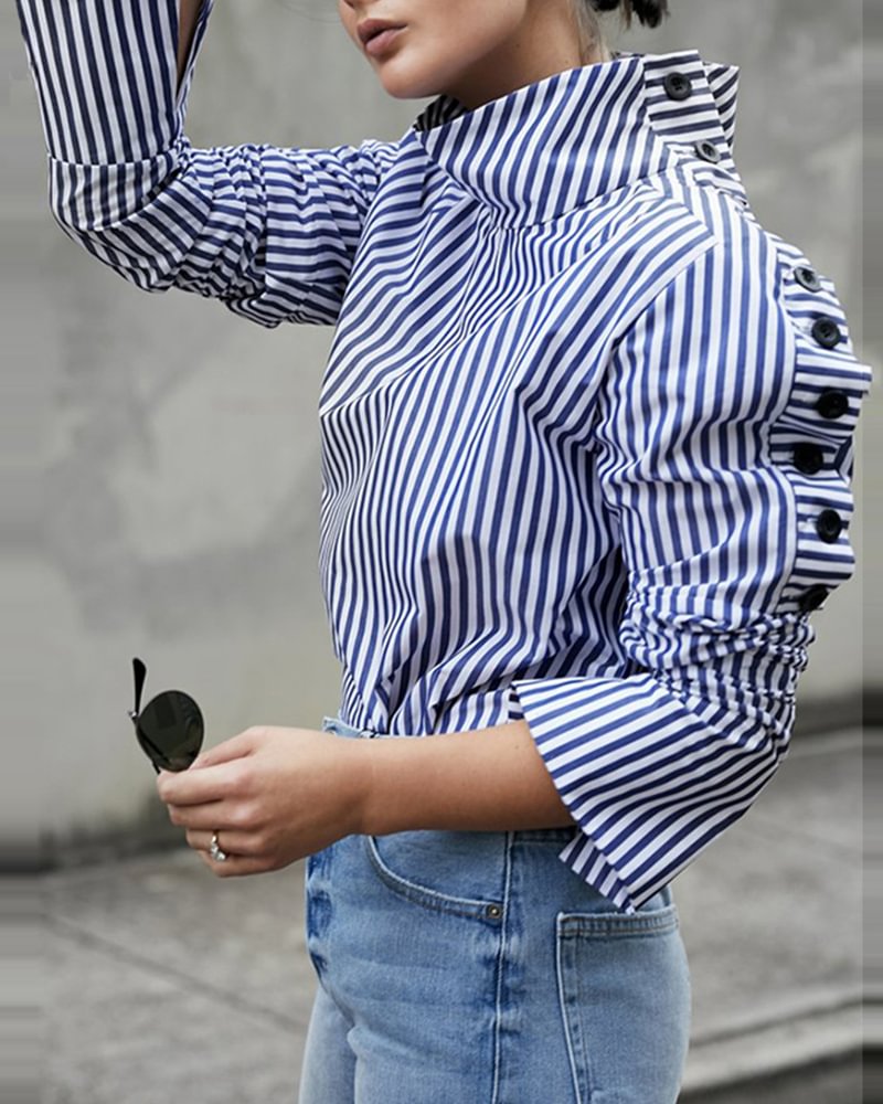 Daily Fashion button long-sleeved striped Machine Washable Chemical Fiber All Season shirt