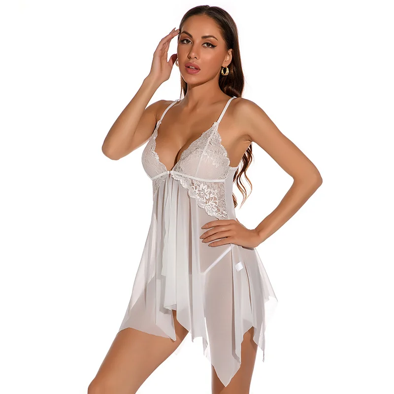 Sexy Lace Perspective Stitching Irregular Suspender Nightgown