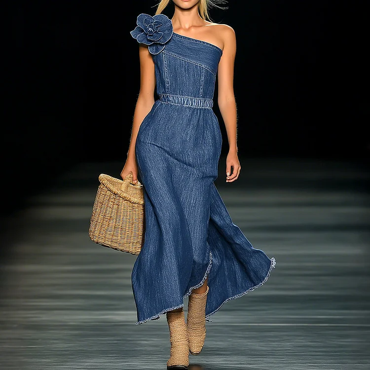 Elegant Denim One Shoulder 3D Floral Maxi Dress