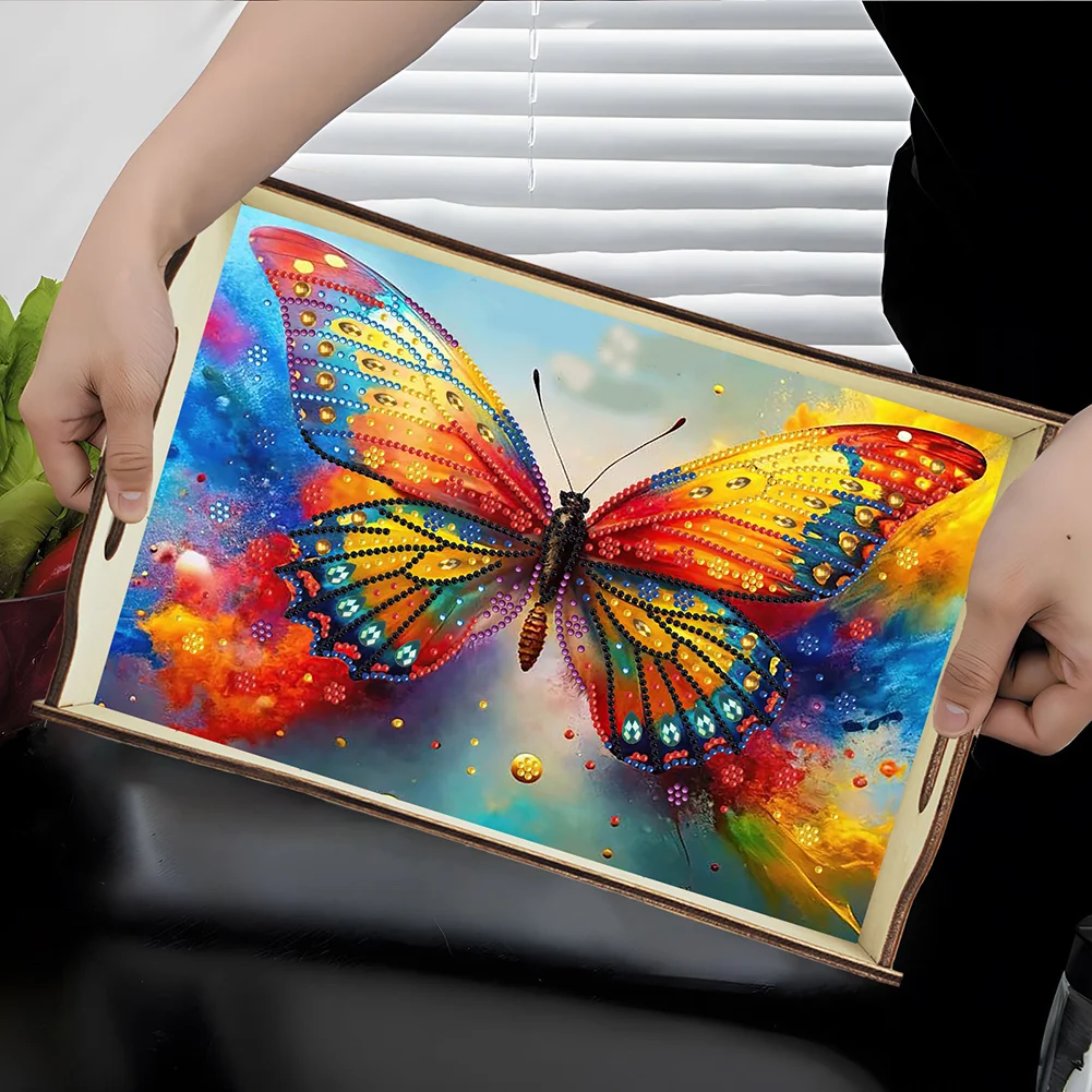 DIY Diamond Painted Dining Plate with Handle Wooden Food Tray Home Decor Gift