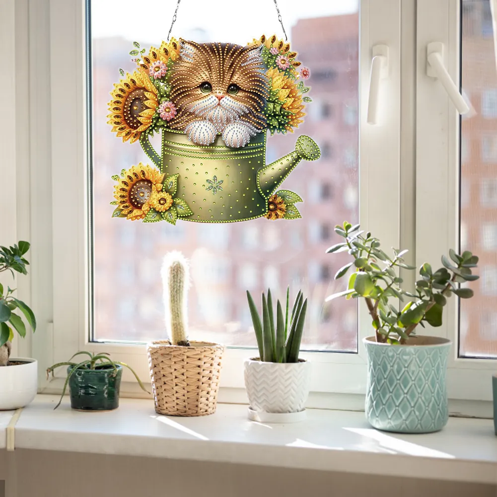 2D Flat DIY Diamond Art Pendant Window Hanging Art for Home Decor (Kettle Cat)