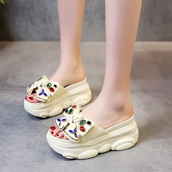 Zhungei House Slippers Platform Slides Slipers Women Heeled Mules Black Sandals Fashion Lady 2024 High Summer Beige Luxury Girl