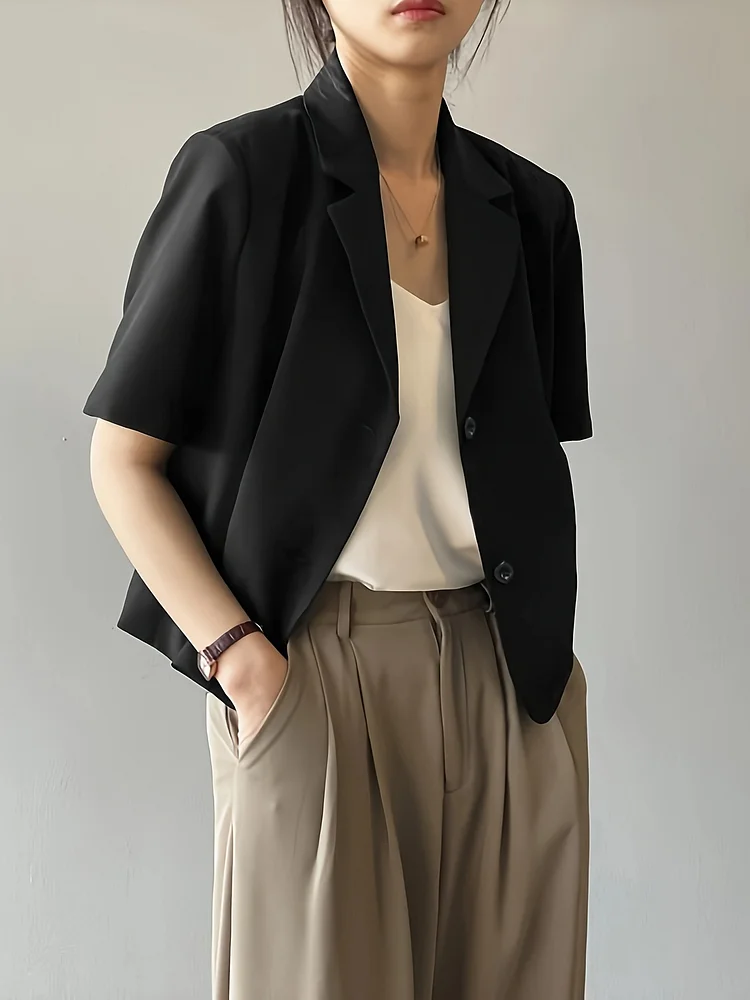 Women's Elegant Solid Color Short Sleeve Blazer - Chic Notched Lapel, Single-Breasted With Button Front, Lightweight Polyester Jacket For Spring/Summer Office & Casual Wear, Versatile Fashion Piece, Sophisticated Design, Structured Fit