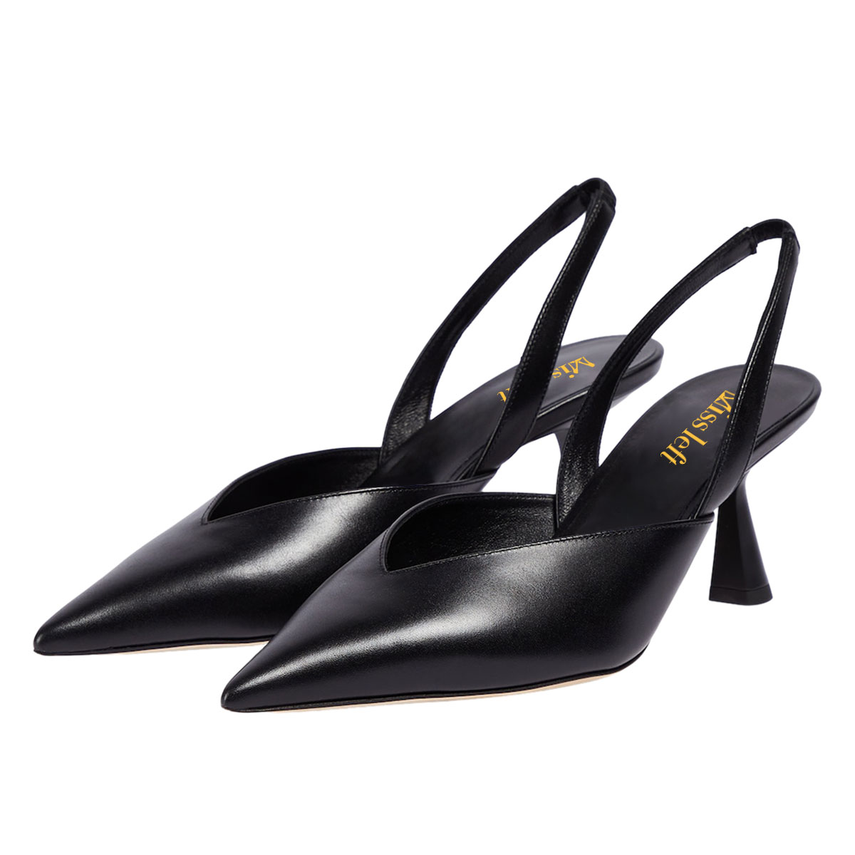 Black V-Cut Slip-On Pointed Toe Slingback Pumps with Flared Heel Nicepairs