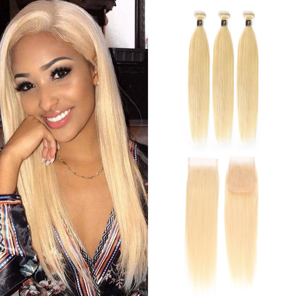 613 Blonde Hair Brazilian Straight Bundles With Closure Honey Blonde Human Hair Silky Straight 3 Bundles With Lace Frontal Closure Zaesvini