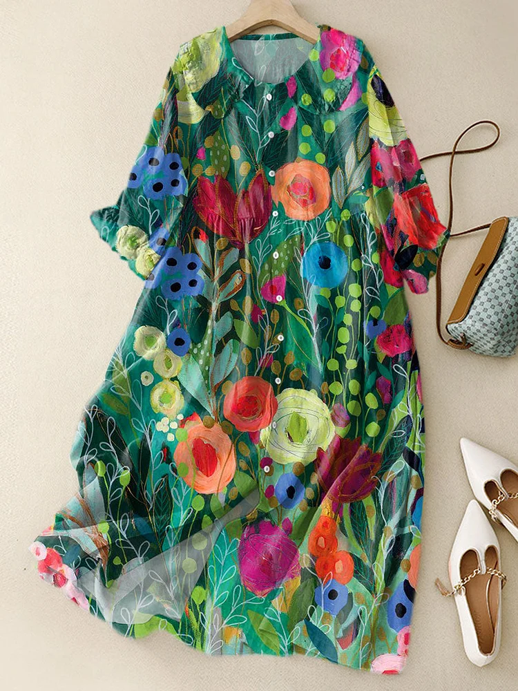 Women‘s Vintage Floral Art Print Peter Pan Collar Cotton Dress