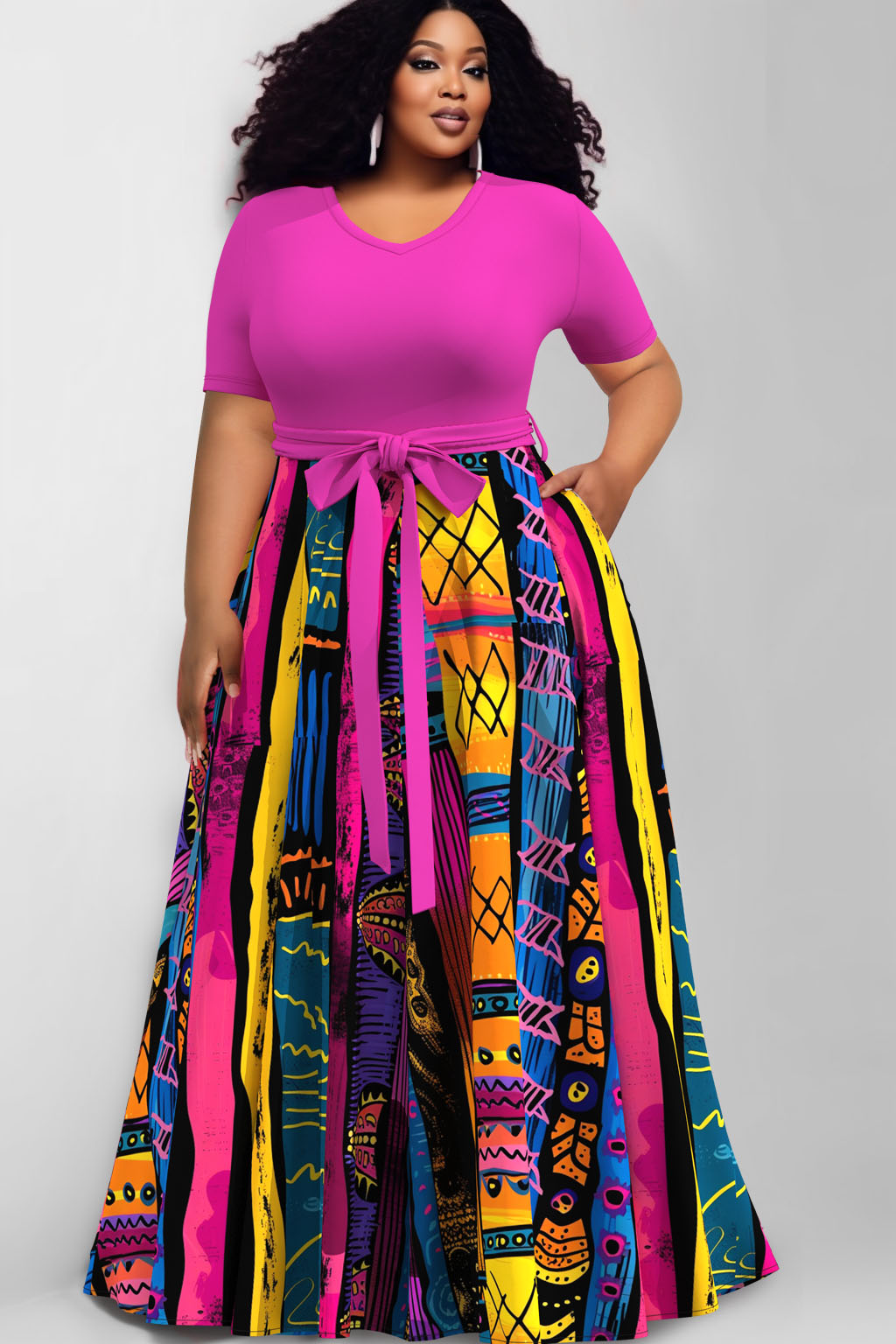 Design Plus Size Casual Magenta Tribal Ankara Round Neck Wrap Pocket Maxi Dresses [Pre-Order]