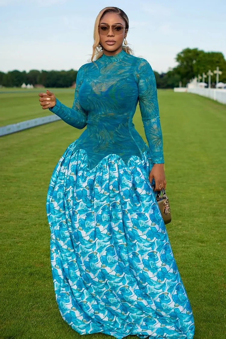 Jacquard Mesh Patchwork Floral Print Party Maxi Dresses-Blue