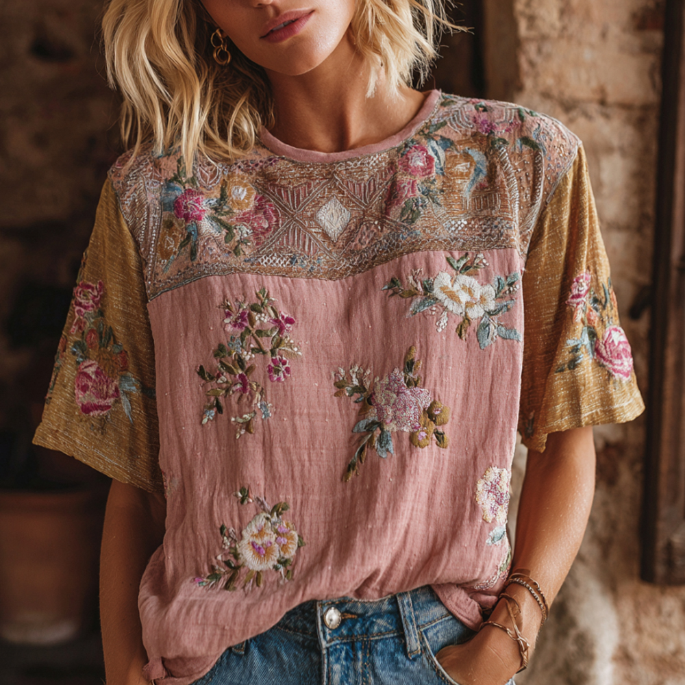 Women's Romantic Floral Embroidery Woven Art Round Neck Linen Blend Short Sleeve Top elevenforest