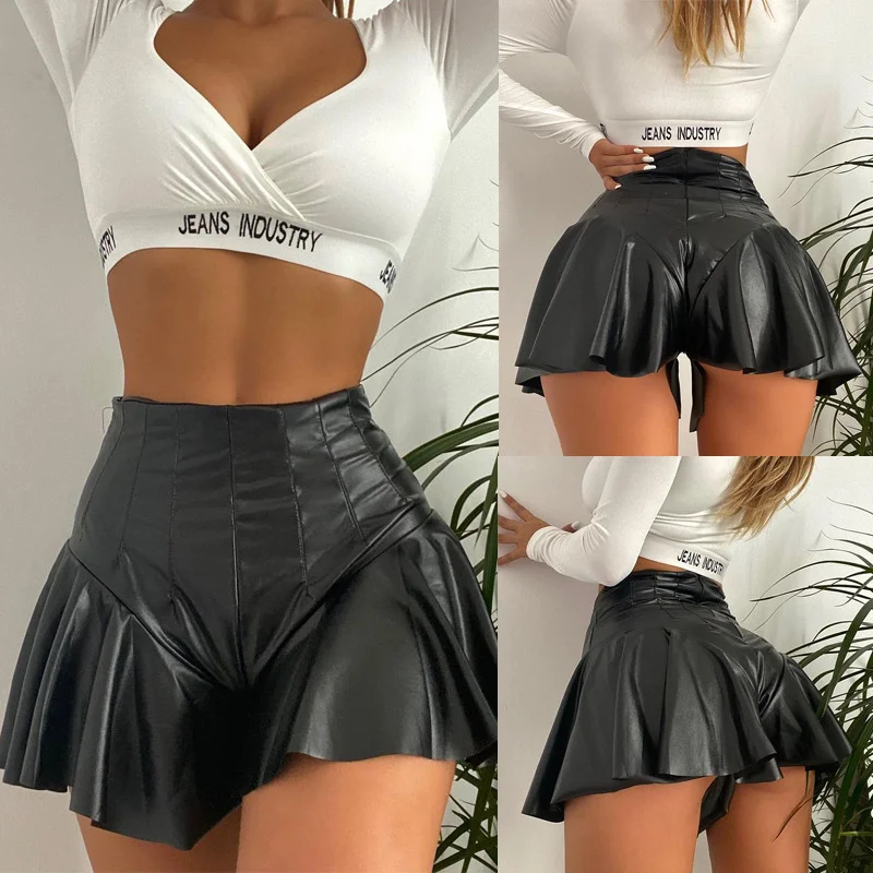 Black Fashion Sexy Solid High Waist Pleated Leather Skirt | EGEMISS