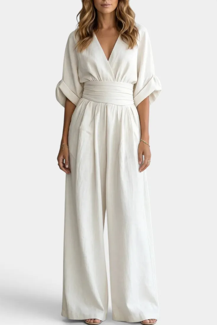 V-Neck Wide-Leg Wrap Jumpsuit with Cinched Waist
