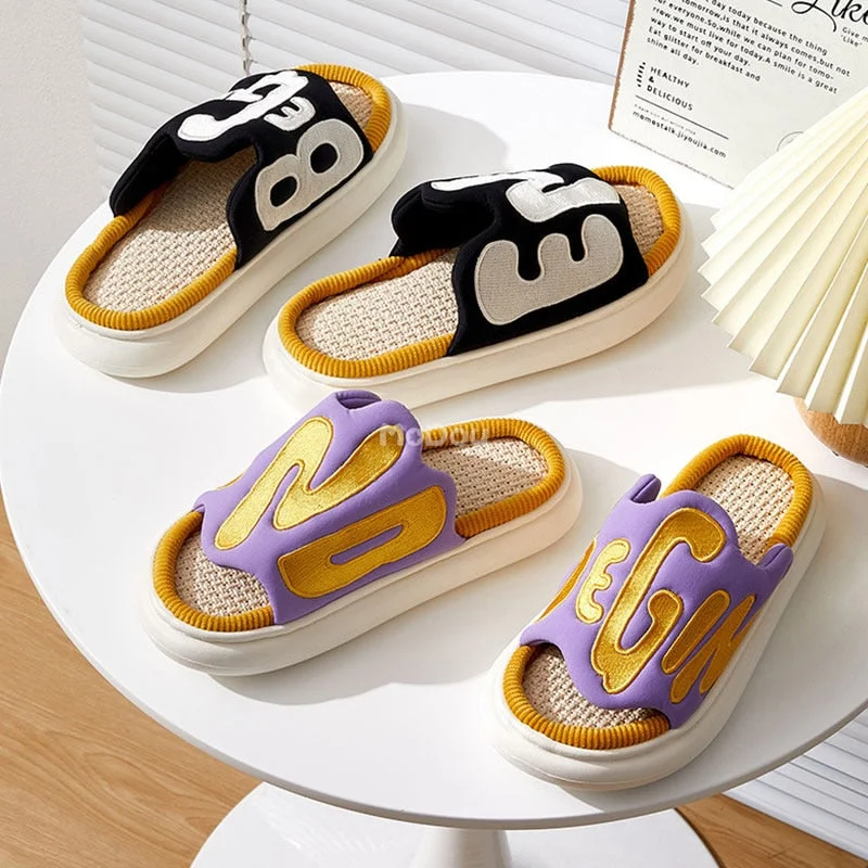 Mo Dou 2022 New Four Season Linen Slippers Women Men Unisex Open Toe Letter Embroidery Vamp Cool Outdoor Soft Hemp Cotton Shoes