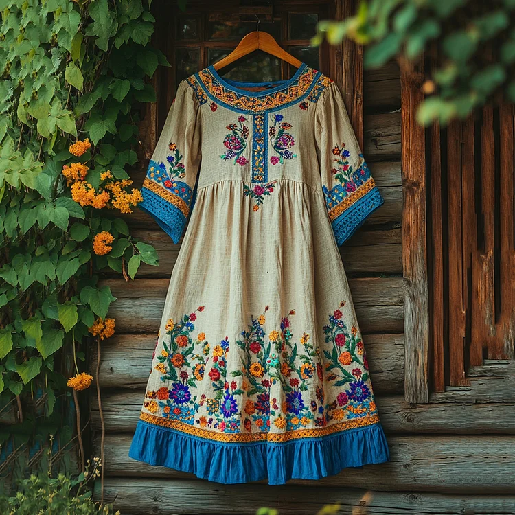 Floral Embroidery Linen Blend Midi Dress