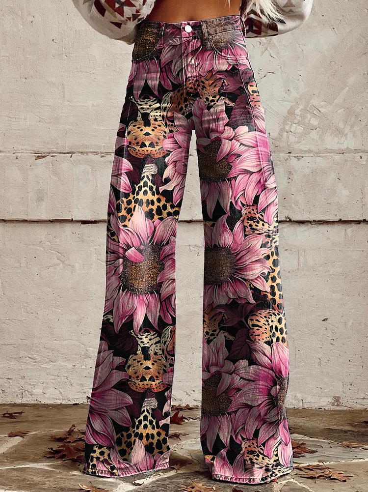 Women's Vintage Pink Sunflower Leopard Print Casual Wide Leg Pants