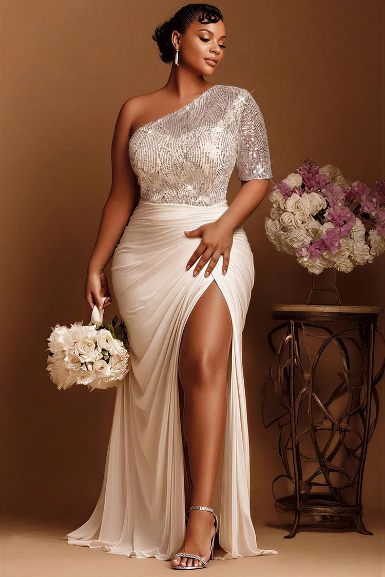 Xpluswear Design Plus Size Wedding Ivory One Shoulder Split Drilling Satin Maxi Dresses 2024 - Xpluswear