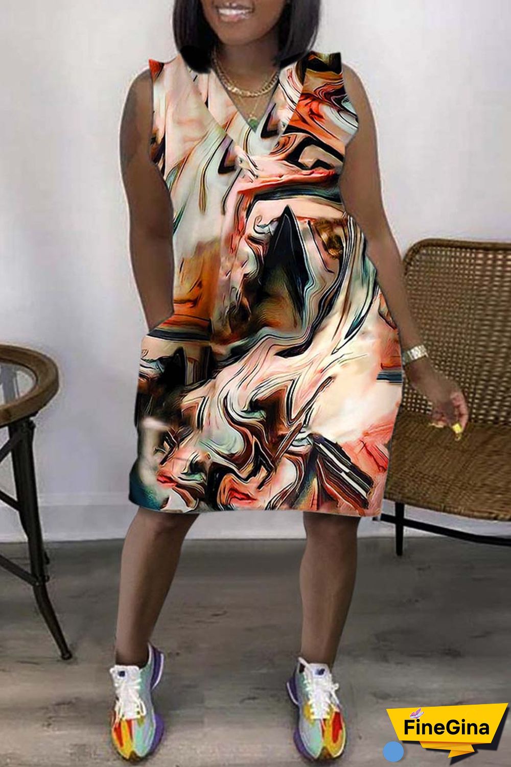 Coffee Casual Print Basic V Neck Sleeveless Dress Dresses