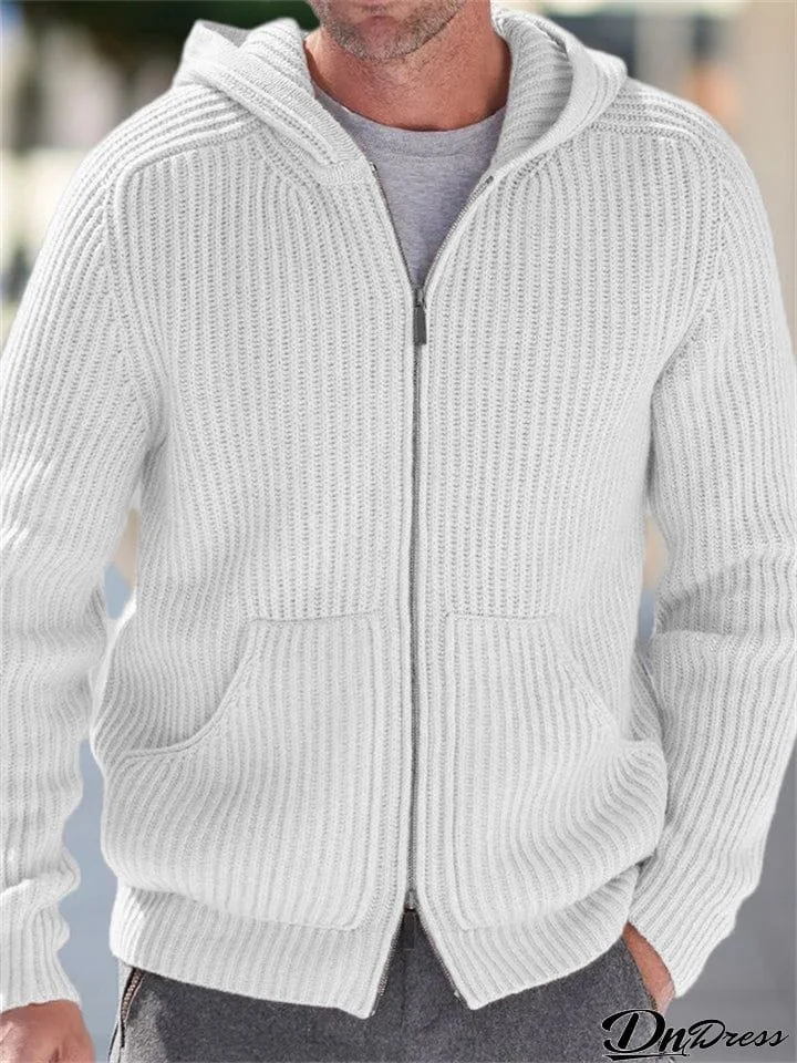 Men's Autumn Hooded Zipper Knit Sweater with Pocket