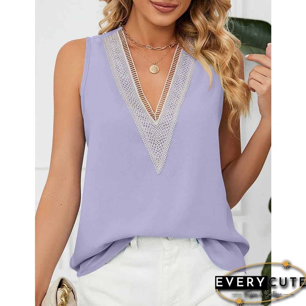 Purple Lace Trim Sleeveless V Neck Tank Top