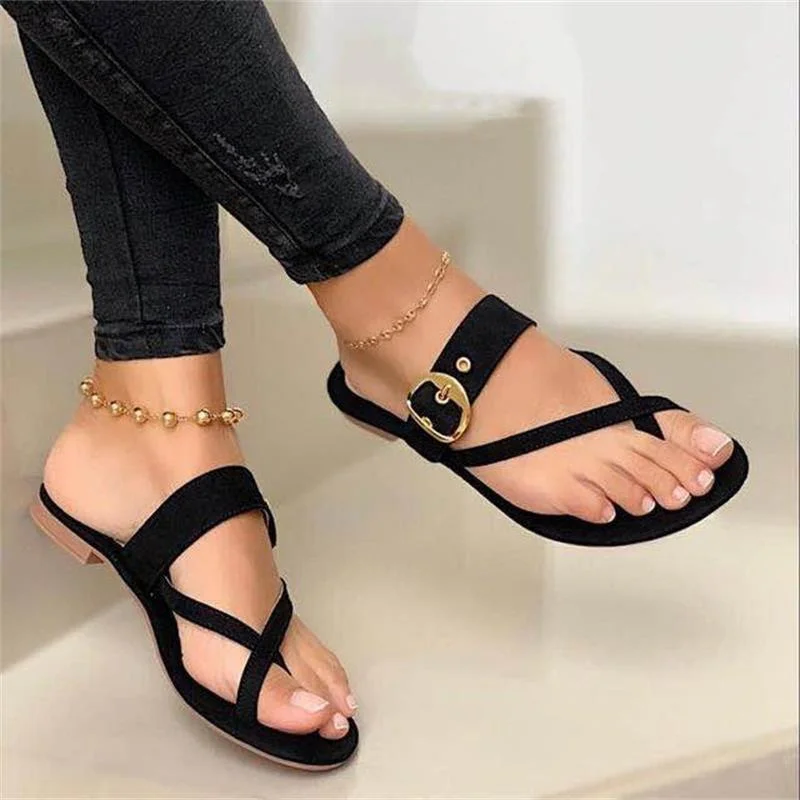 Yyvonne Cool Slippers Women's 2025 Spring Round Head Casual Clip Metal Belt Buckle Flat Bottom Slippers